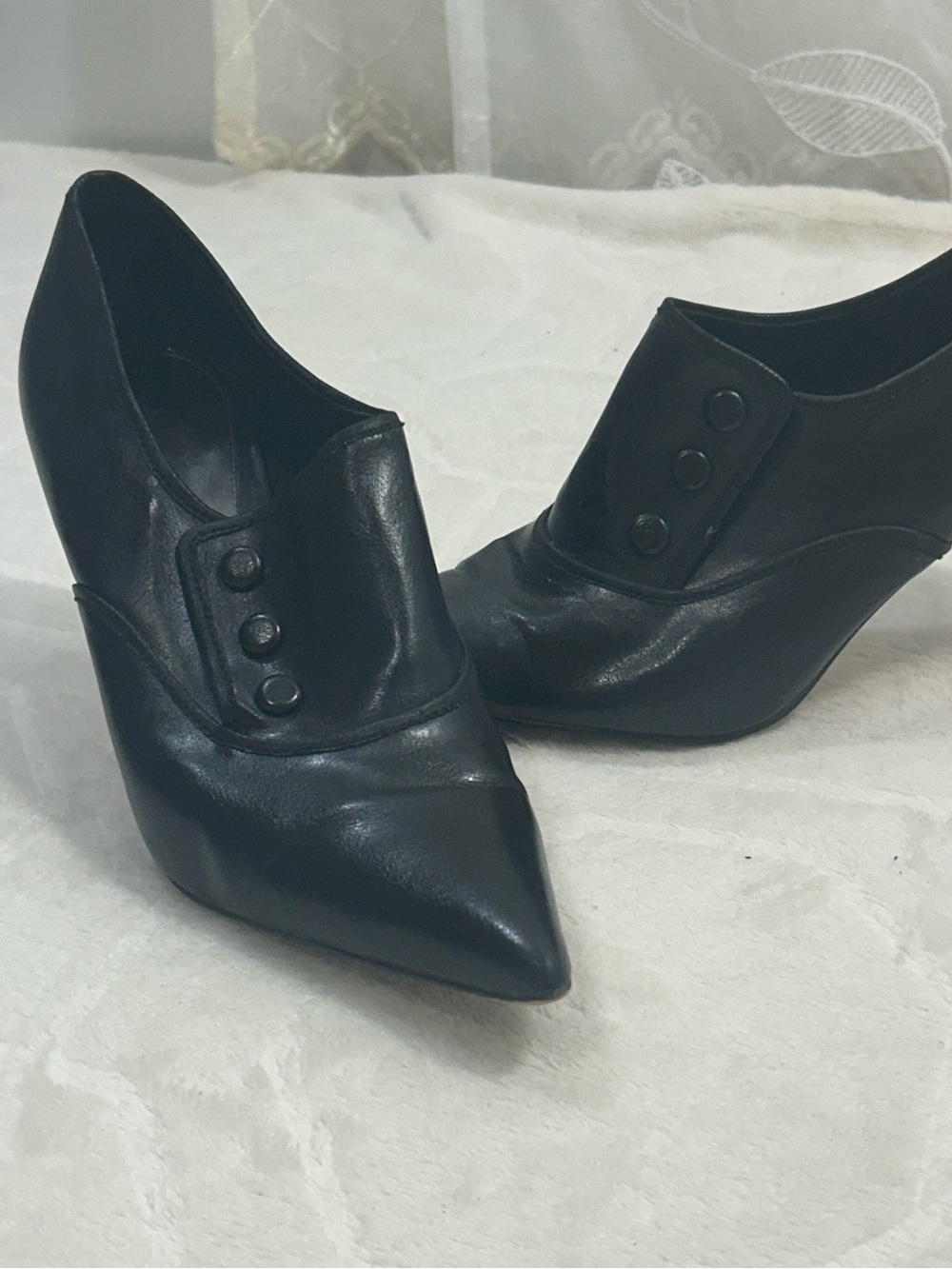 Ann Marino Black Pointed-Toe Slip-On Heels with Button Detail